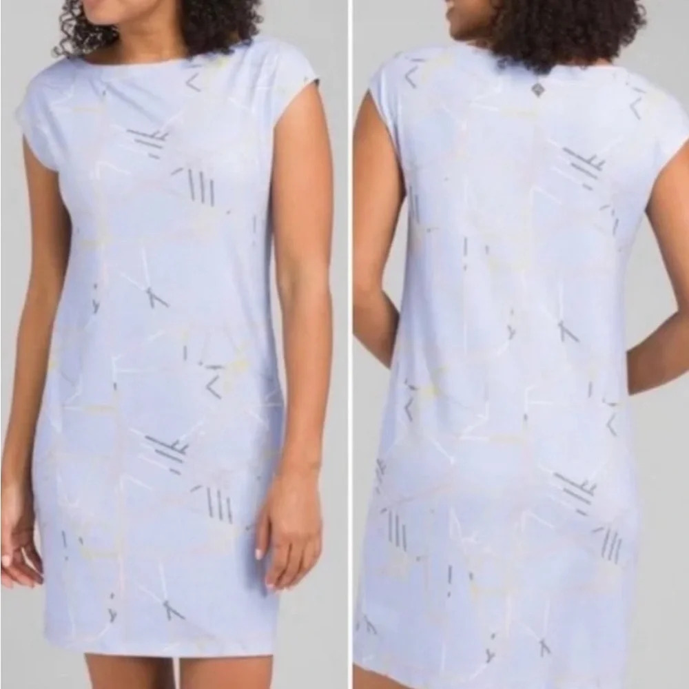 Prana Womens S Sanna Blue Sheen Jigsaw Stretchy Knit Shift Sun Dress